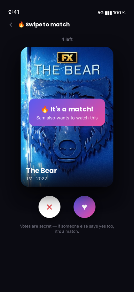 Swipe to match — vote on titles and match when you both say yes